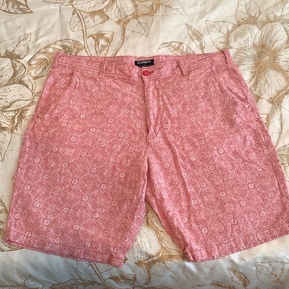 Express Red and White Flat Front Shorts